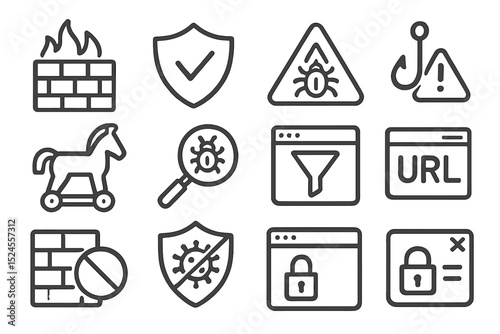 Cybersecurity icon set: virus, firewall, lock, shield, phishing alert signs