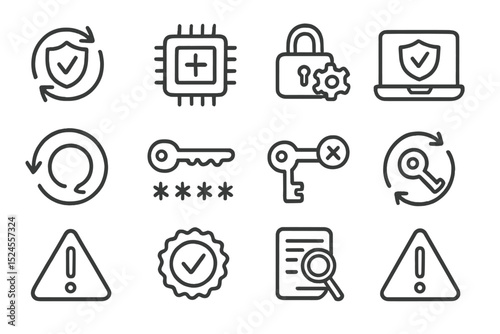Cybersecurity icons: shields, keys, locks, and warning signs on metallic background