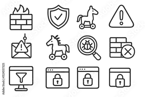Cybersecurity icons: firewall, security, alert, horse, lock, bug