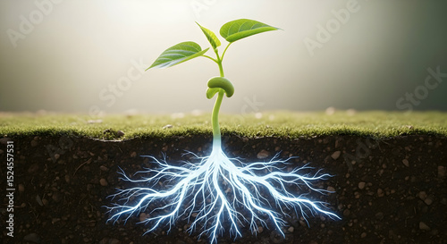 Illuminated Roots of a Growing Plant in Earth's Cross-Section.