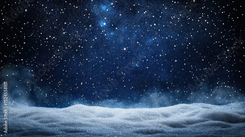 Enchanting winter night scene with snow-covered ground under a starry blue sky
