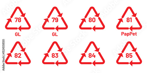 Recycling code symbols chart showing material identification numbers for plastics, batteries, paper, metal, biomaterials, glass, and composites. Vector icons for sorting and waste management. Icons. 