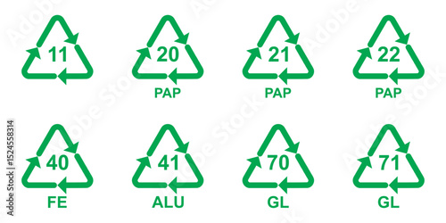 Recycling code symbols chart showing material identification numbers for plastics, batteries, paper, metal, biomaterials, glass, and composites. Vector icons for sorting and waste management. Icons. 