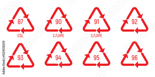 Plastic recycles icons collection. Recycle plastic vector set in triangular shape. Icon set of hdpe, pp, pet, ldpe and pvc. Ecological recycling codes. Flat style. Vector illustration.