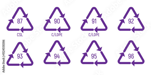 Plastic recycles icons collection. Recycle plastic vector set in triangular shape. Icon set of hdpe, pp, pet, ldpe and pvc. Ecological recycling codes. Flat style. Vector illustration.