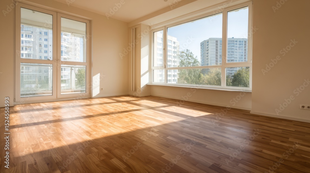Fototapeta premium Modern living room with wooden floors and neutral walls, showcasing minimalist design and open space. 
