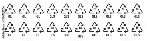 WebRecycle vector symbols in green color. Recycling codes for plastic, paper and metals as well as other materials vector icon full set.