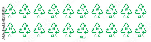 WebRecycle vector symbols in green color. Recycling codes for plastic, paper and metals as well as other materials vector icon full set.