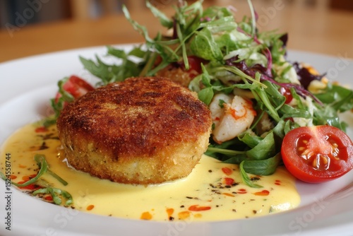 Haddock fishcake with melted cheddar mixed salad and seafood