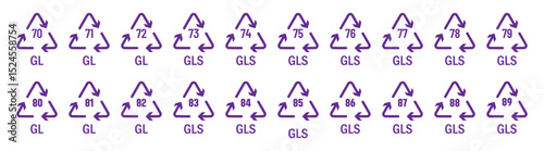 WebRecycle vector symbols in green color. Recycling codes for plastic, paper and metals as well as other materials vector icon full set.