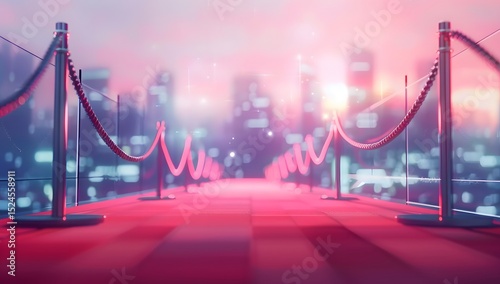 Red Carpet Event Background with City Lights, Ropes and Stanchions - Glamorous Celebration Backdrop