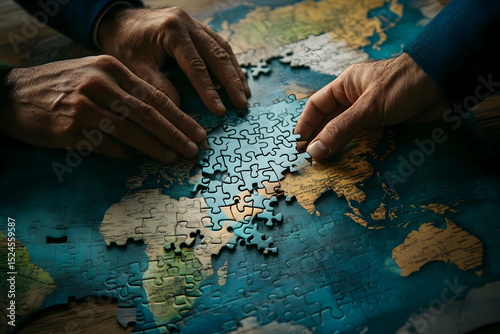 Puzzle of world map, global cooperation, diplomacy, international relations photo