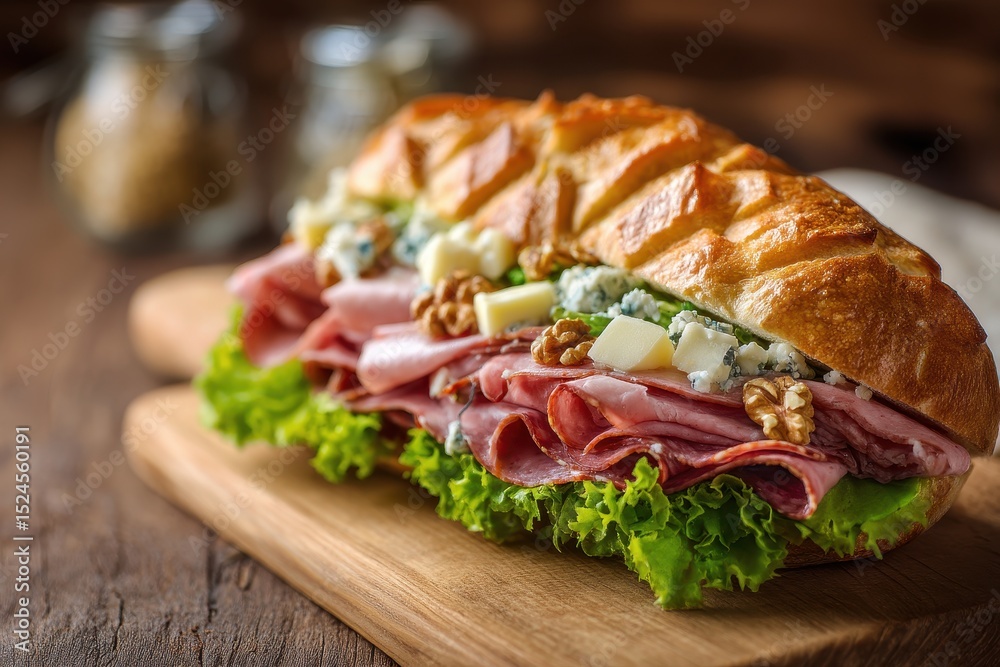 Italian panino with mortadella gorgonzola walnuts Romaine and tartaruga bread Bologna style sliced sausage Italian panino with mortadella gorgonzola walnuts Romaine and tartaruga bread Bologna style sliced sausage