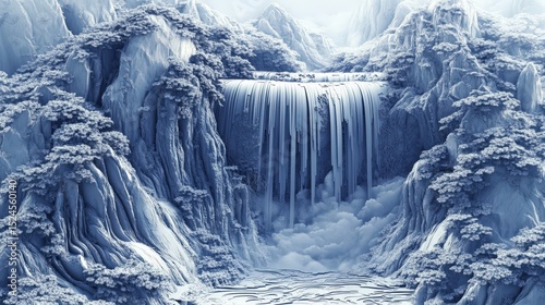 Frozen landscape with a cascading waterfall.