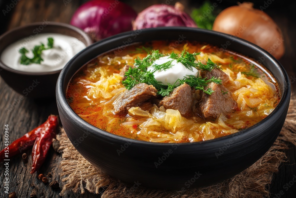 Kapustnyak is a classic soup from Russian Ukrainian or Polish cuisine featuring beef potatoes onions cabbage parsley and spices topped with sour cream Kapustnyak is a classic soup from Russian Ukrainian or Polish cuisine featuring beef potatoes onions cabbage parsley and spices topped with sour cream