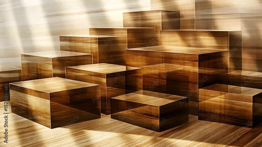 Sunlit wooden cubes ascend in a tiered display, casting warm shadows on a polished floor