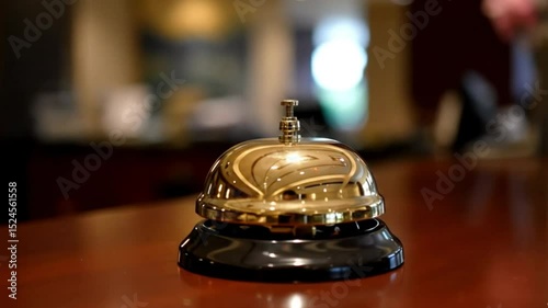 A close-up of a bell at a hotel reception desk, symbolizing the welcoming atmosphere as guests prepare to check in or request assistance