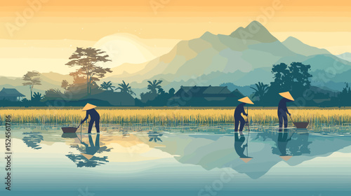 Classic poster-art of rural farmers planting rice seedlings in flooded fields under steady rain, traditional conical hats and water reflections in bold flat colors
