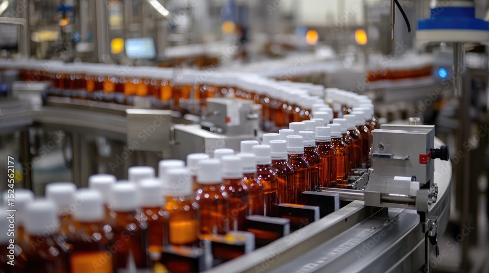Obraz premium Beverage assembly line with bottles being filled, capped, and labeled in sequence
