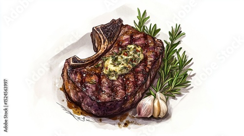 A grilled steak, seasoned with herb butter, rests on a small white plate, accompanied by sprigs of rosemary and garlic cloves.  The steak shows grill marks and a rich brown color