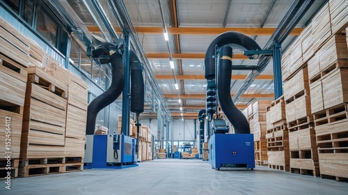 Dust extraction machinery connected to woodworking equipment through flexible tubing