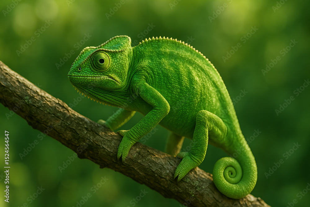 Fototapeta premium Vivid Green Chameleon Perched on Branch with Blurry Background