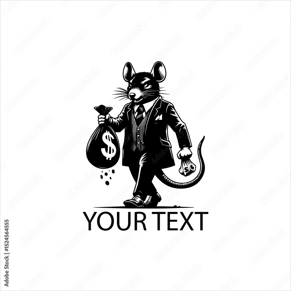 Naklejka premium Corrupt Rat Mascot Holding Money Bag — Vector Illustration Isolated on White Background