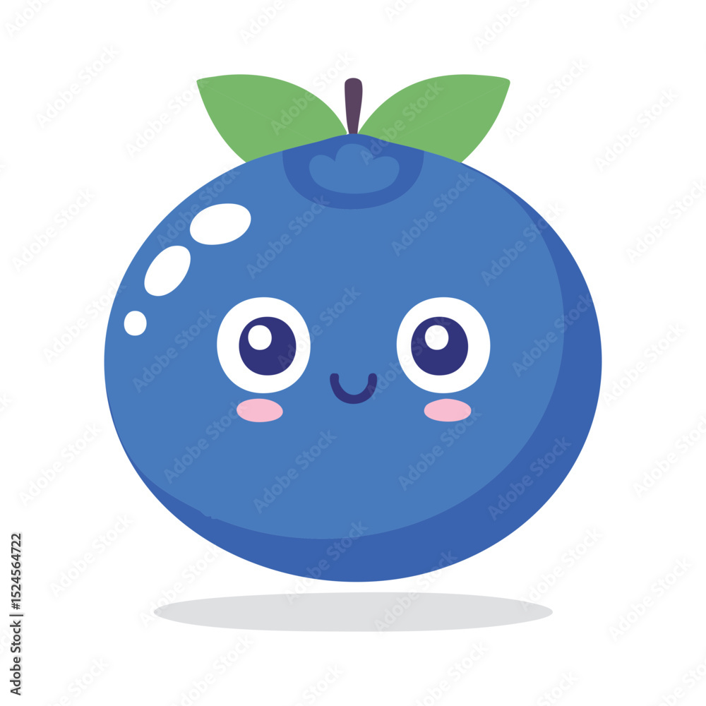 Obraz premium A smiling blueberry with a cute face and green leaves. A cheerful illustration perfect for food-related designs.