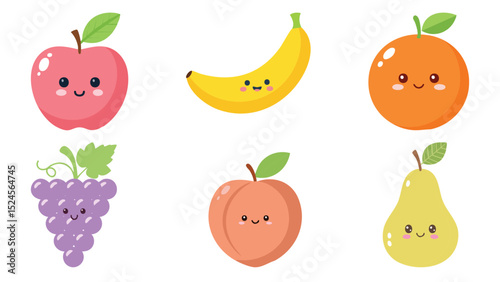 Adorable Fruits smiling face with leaf with colorful fruit set. The image captures a delightful array of fruits, each adorned with a cheerful expression, creating a whimsical and inviting visual.