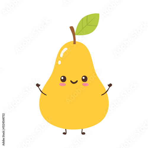 A cartoon pear with a smiling face and happy expression. Its green leaf adds a touch of freshness, and the overall design is playful and appealing.