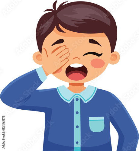 Minimalist vector illustration of a sleepy child rubbing their eyes, wearing pajamas, mouth slightly open yawning