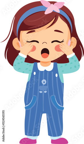 Minimalist vector illustration of a sleepy child rubbing their eyes, wearing pajamas, mouth slightly open yawning