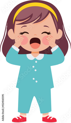 Minimalist vector illustration of a sleepy child rubbing their eyes, wearing pajamas, mouth slightly open yawning