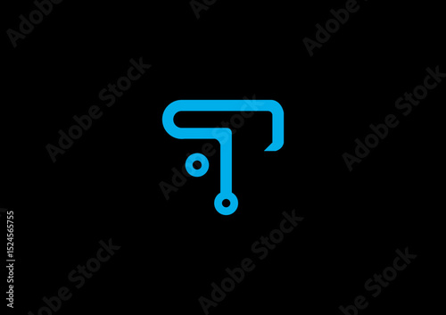Minimalist tech logo with blue circuit line forming abstract letter T on black background.