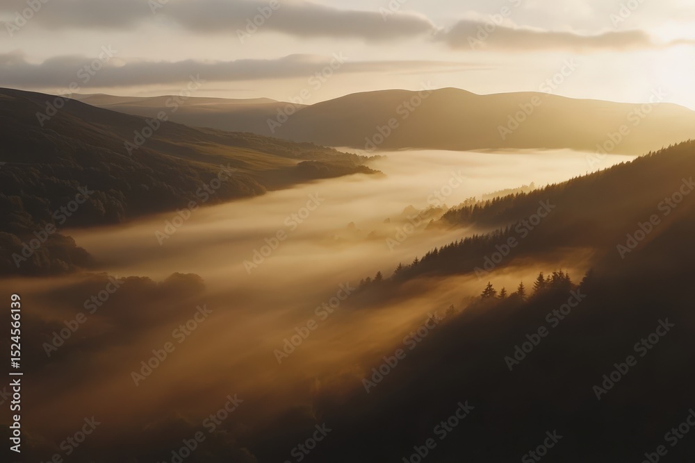 Fototapeta premium Sunrise mist over valley and hills.