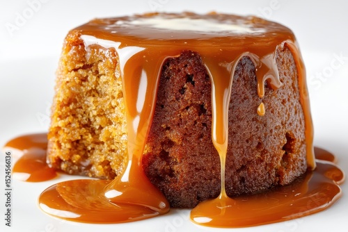 Simple Sticky Toffee Pudding is a delectable moist cake soaked in warm caramel sauce popular in England Isolated on a white background