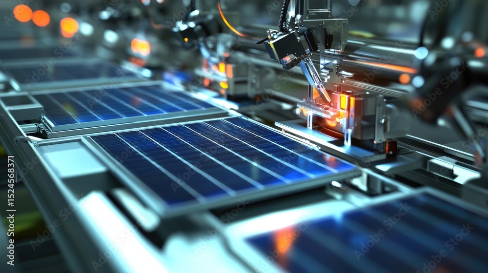 Fototapeta premium Renewable energy manufacturing plant producing solar panels on automated production lines