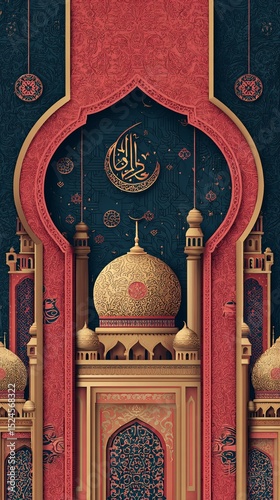 Elegant vertical artwork of Islamic mosque with crescent moon and Arabic script, great for religious, festive, or decorative purposes.

