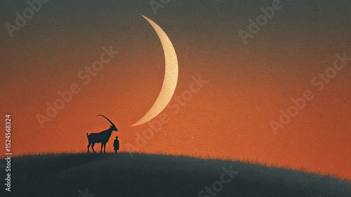 Silhouette of a child and goat on a hill under a crescent moon, ideal for fairytale, religion, or cultural storytelling visuals.
