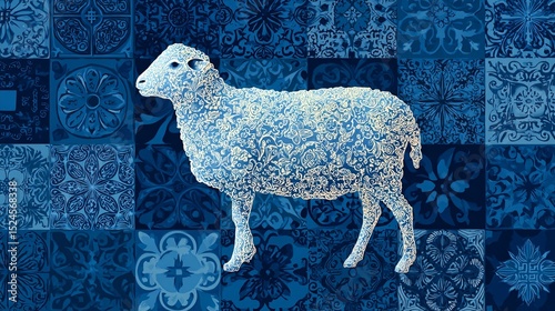 Stylized sheep made from blue mosaic patterns, suitable for culture-themed visuals, textiles, decor, or art-based content use.
