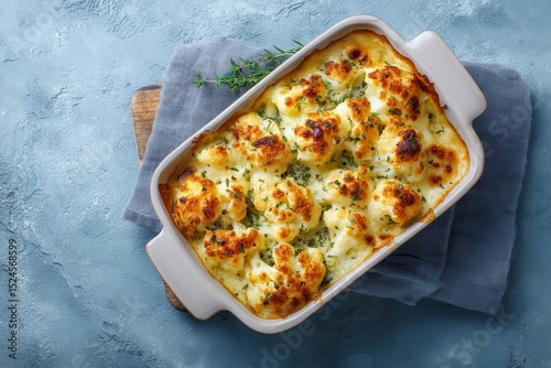 Top view of cauliflower broccoli gratin in a baking dish on a light blue background