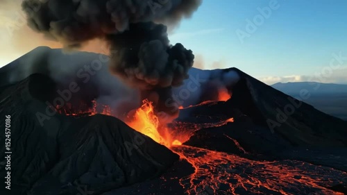 Dramatic aerial video captures a volcanic eruption with dark smoke and lava flow, showcasing nature's power from a high-angle perspective
