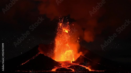 The stunning eruption of volcano during night time
