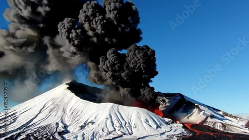 Snowy mountain volcano eruption with smoke cloud over the top