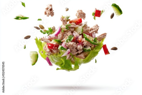 Tuna salad dropping on white backdrop photo