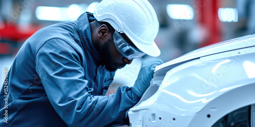 A man in protective gear is focused on inspecting or repairing a vehicle. Automotive industry, craftsmanship, precision work photo