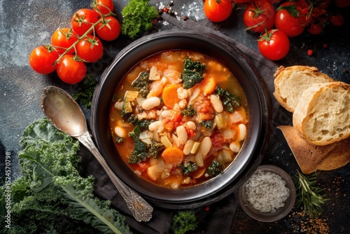 Tuscan vegetable soup made with cannellini beans kale and bread presented in a black bowl on a concrete surface with ingredients arranged around it