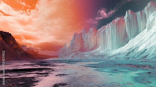Surreal martian landscape with otherworldly ice formations under a nebula sky