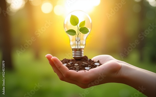 energy concept. eco power. lightbulb with money and hand holding small tree  sunlight background. High quality