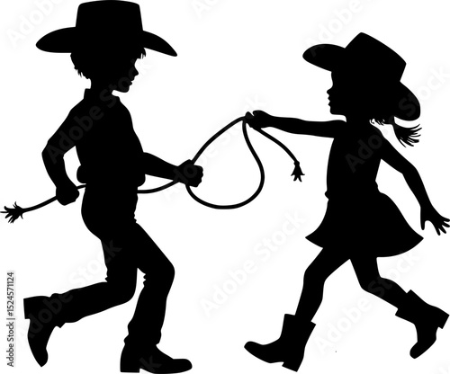 Vector silhouettes of a young cowboy and cowgirl children playing. A young little cowboy with a lasso rope is chasing and roping a young cowgirl.